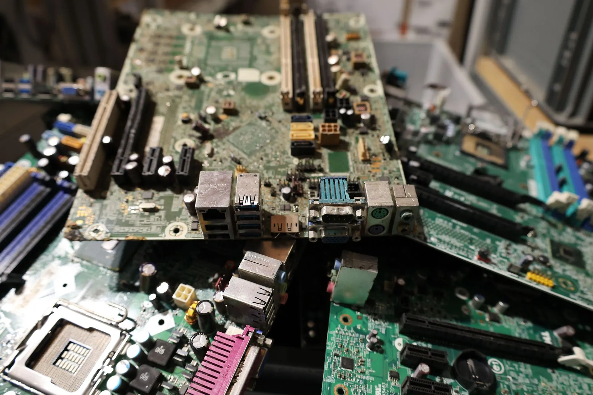 Close-up of circuit boards ready for recycling