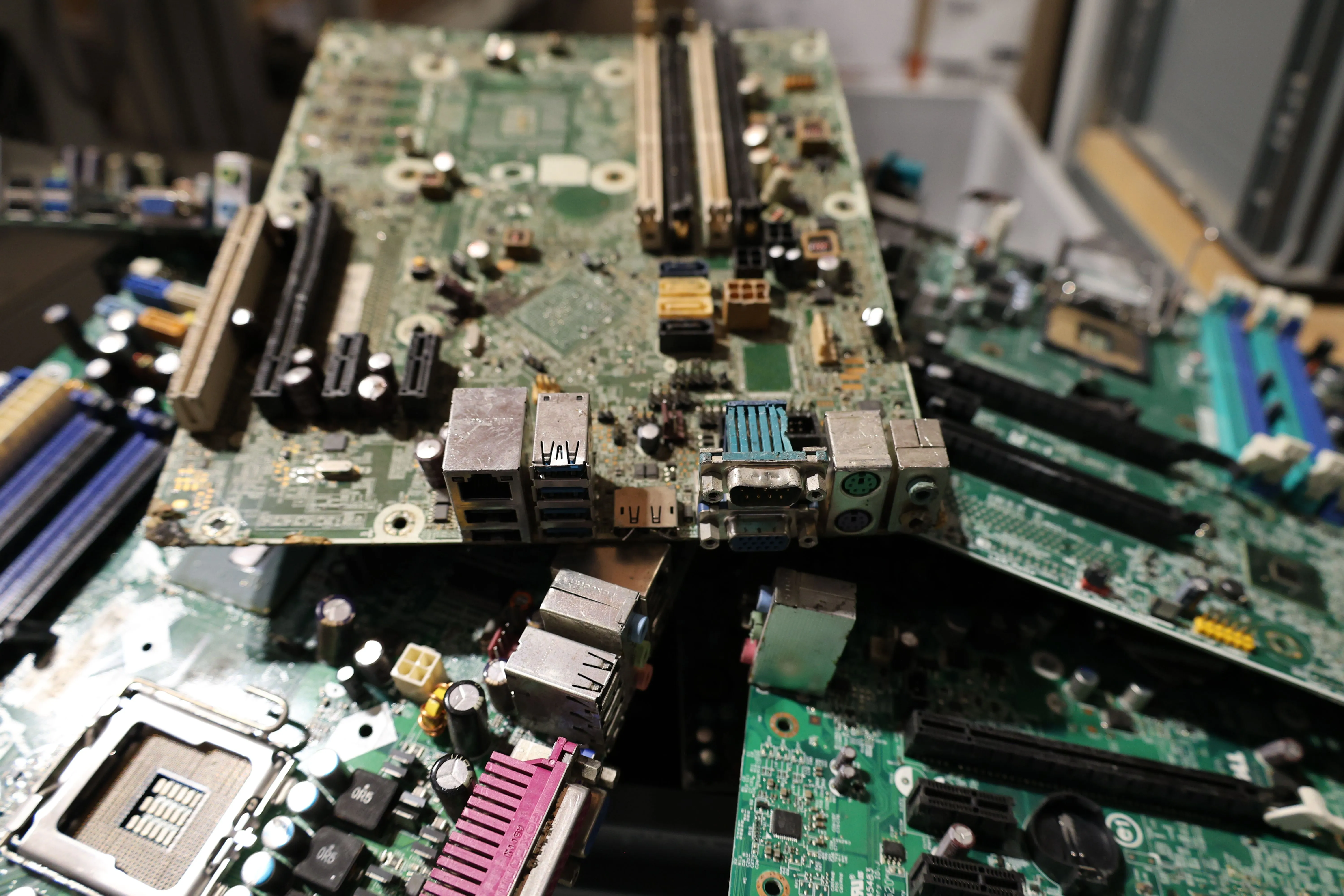 Close-up of circuit boards ready for recycling